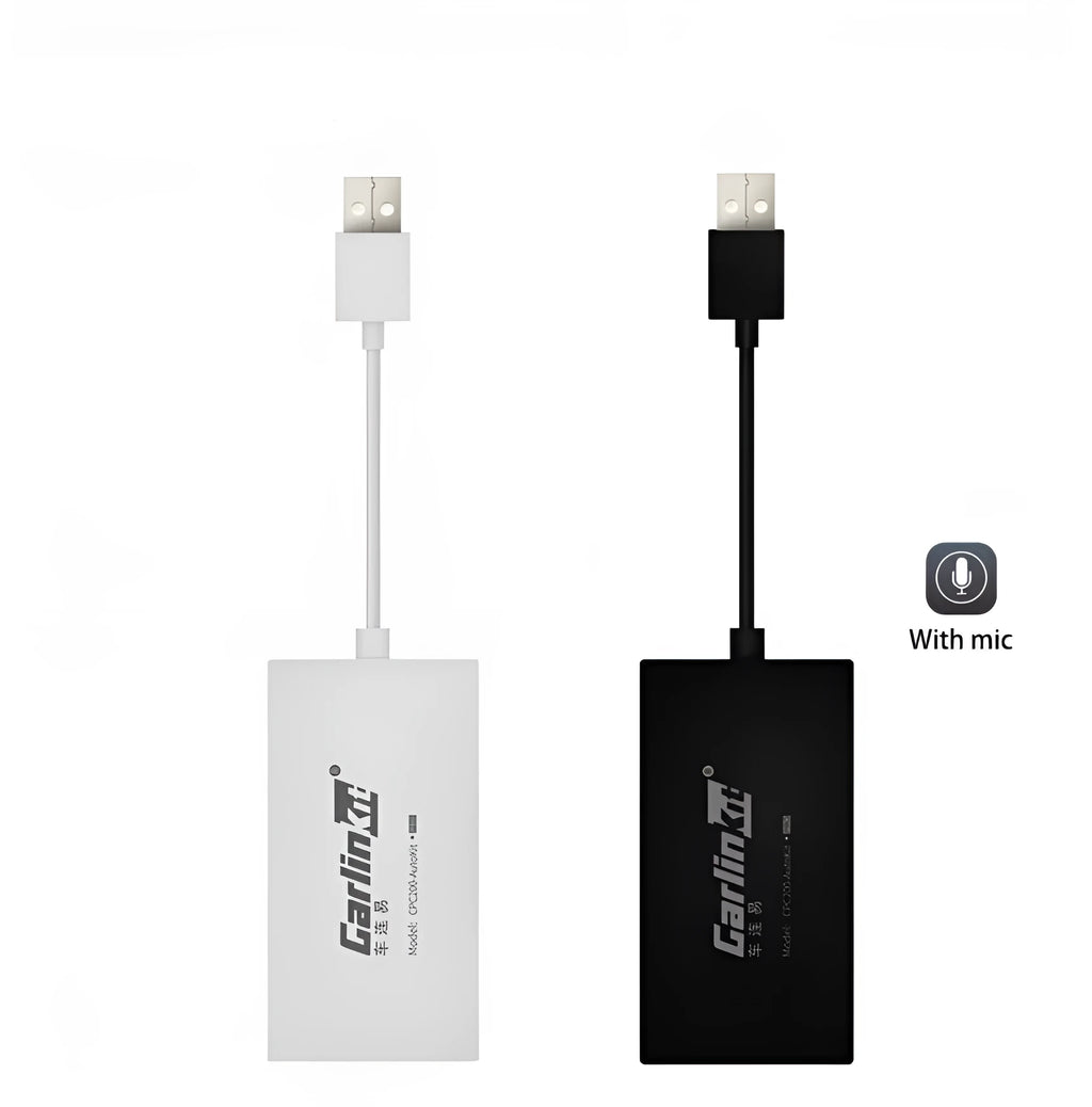 Black wireless CarPlay USB dongle for connecting iPhone to Android car stereo.