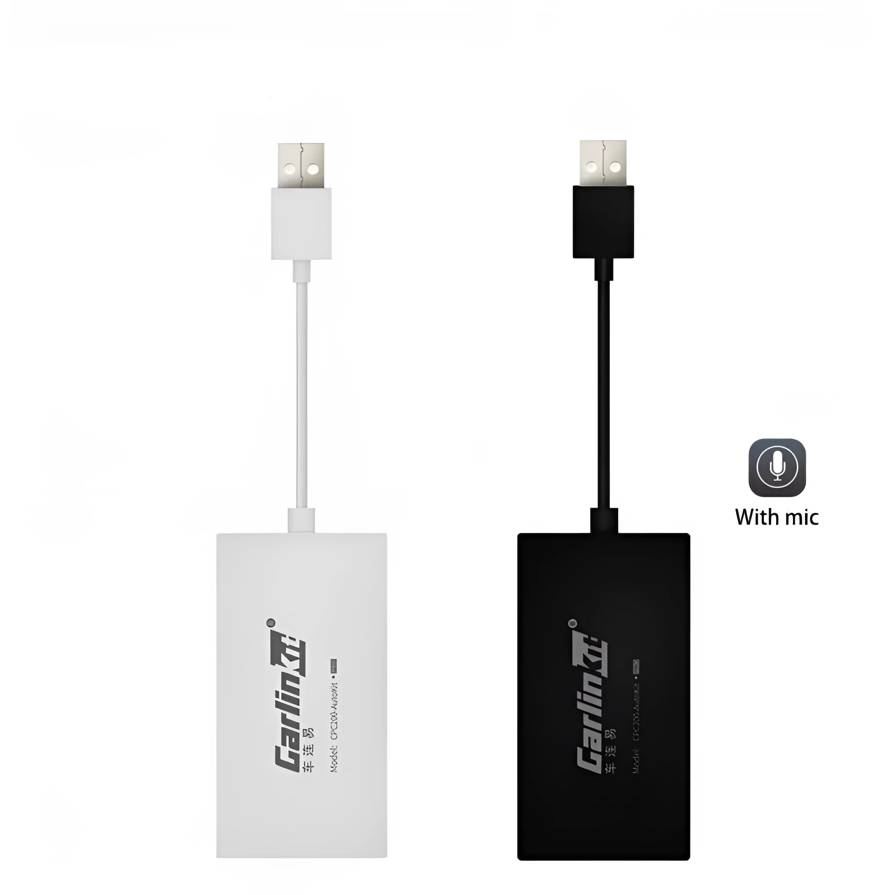 Black wireless CarPlay USB dongle for connecting iPhone to Android car stereo.