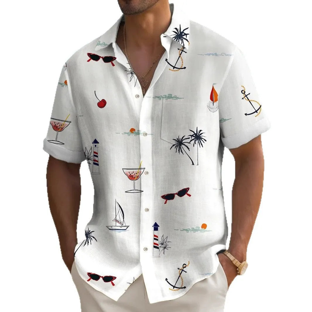 Man wearing a loose-fit, short-sleeve Hawaiian shirt with a vibrant digital print pattern.