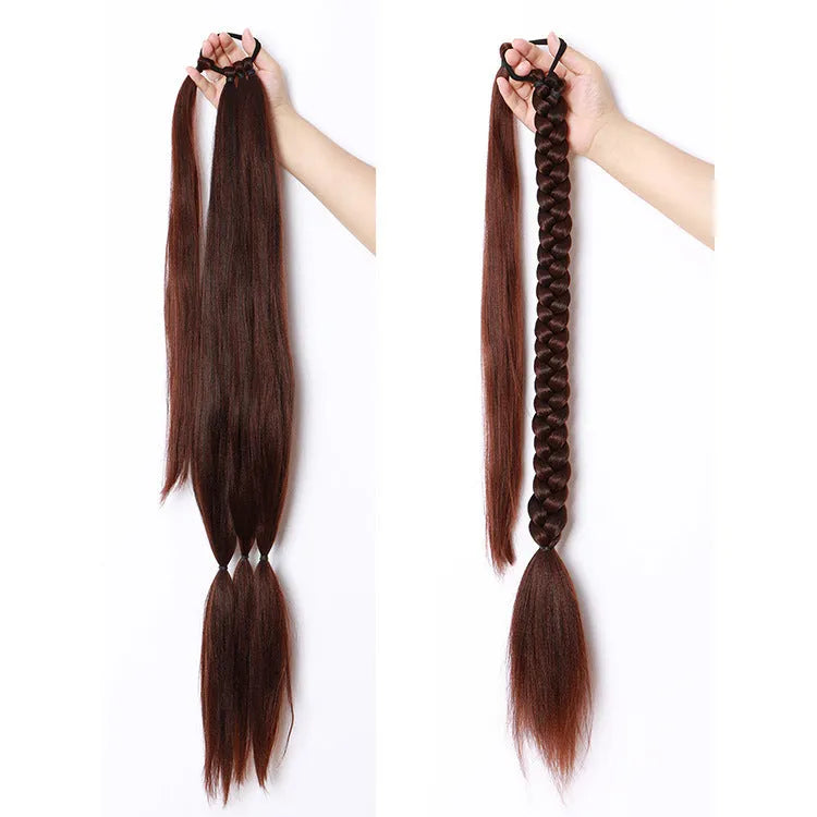 Winding ponytail wig in brown black, high-temperature fibre, non-hot dyed, on a stand.
