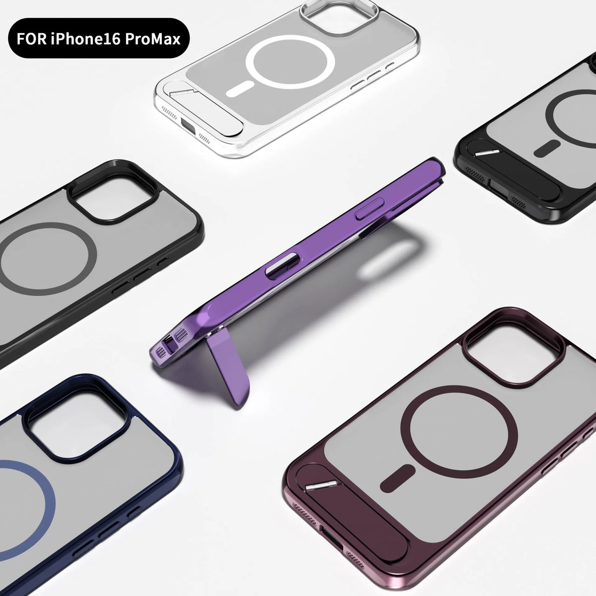 Metallic paint skin-sensitive magnetic bracket phone case for iPhone, black colour, folded stand visible on rear panel