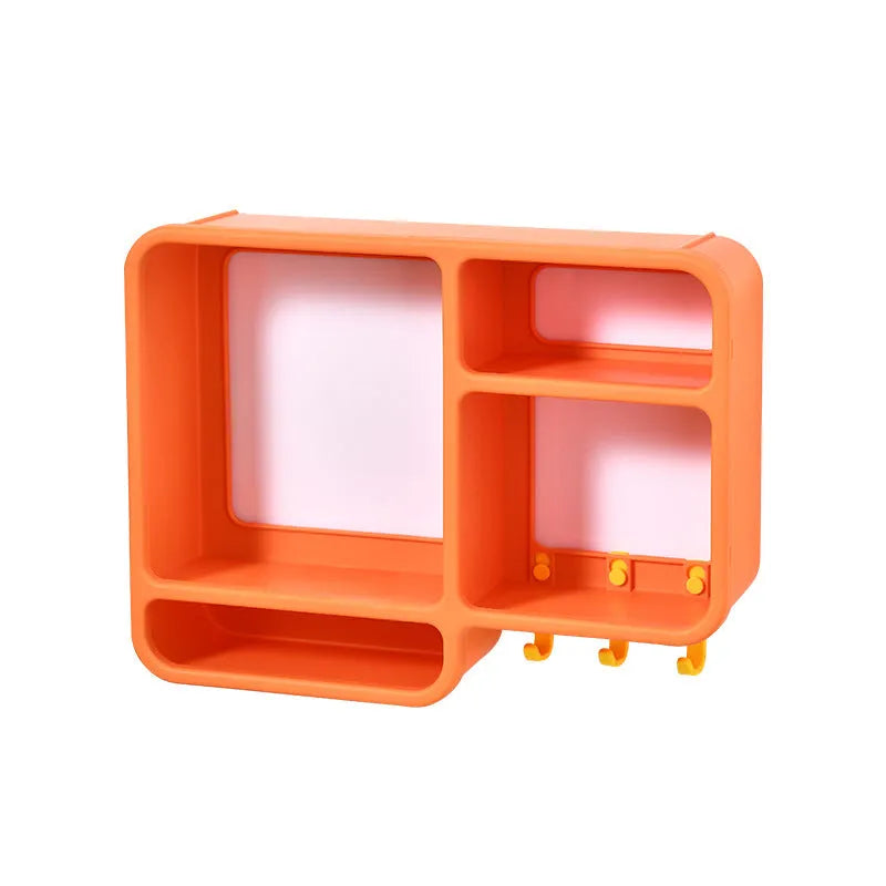 Plastic dust-proof wall shelf in white storing cosmetics and small items, 36.2x27.2x9.3cm