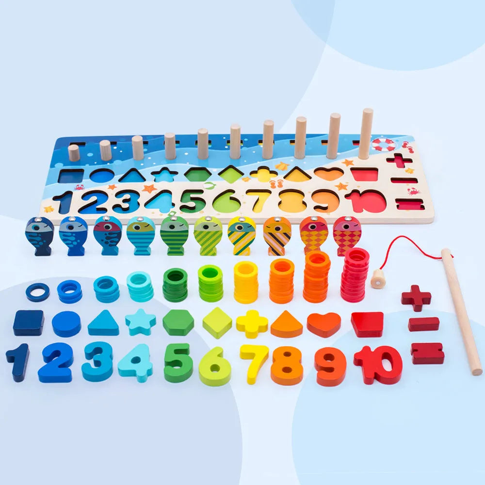 Wooden 3D alphabet and number puzzle board with colourful geometric pieces for toddlers.