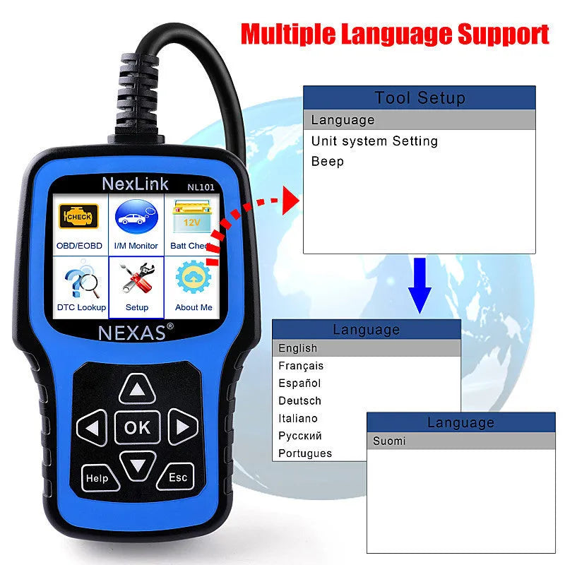 Nexas NL101 OBD2 car diagnostic scanner and code reader on a table