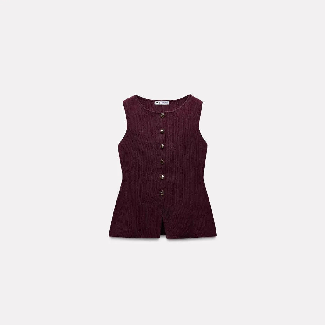 Dark red women's sweater vest with gold buttons and 3D patterns, V-neck slim fit design