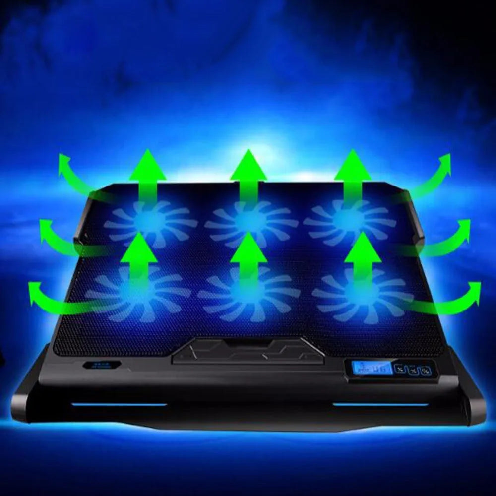 Black metal mesh laptop cooling board with LCD display and six speed controls for notebooks