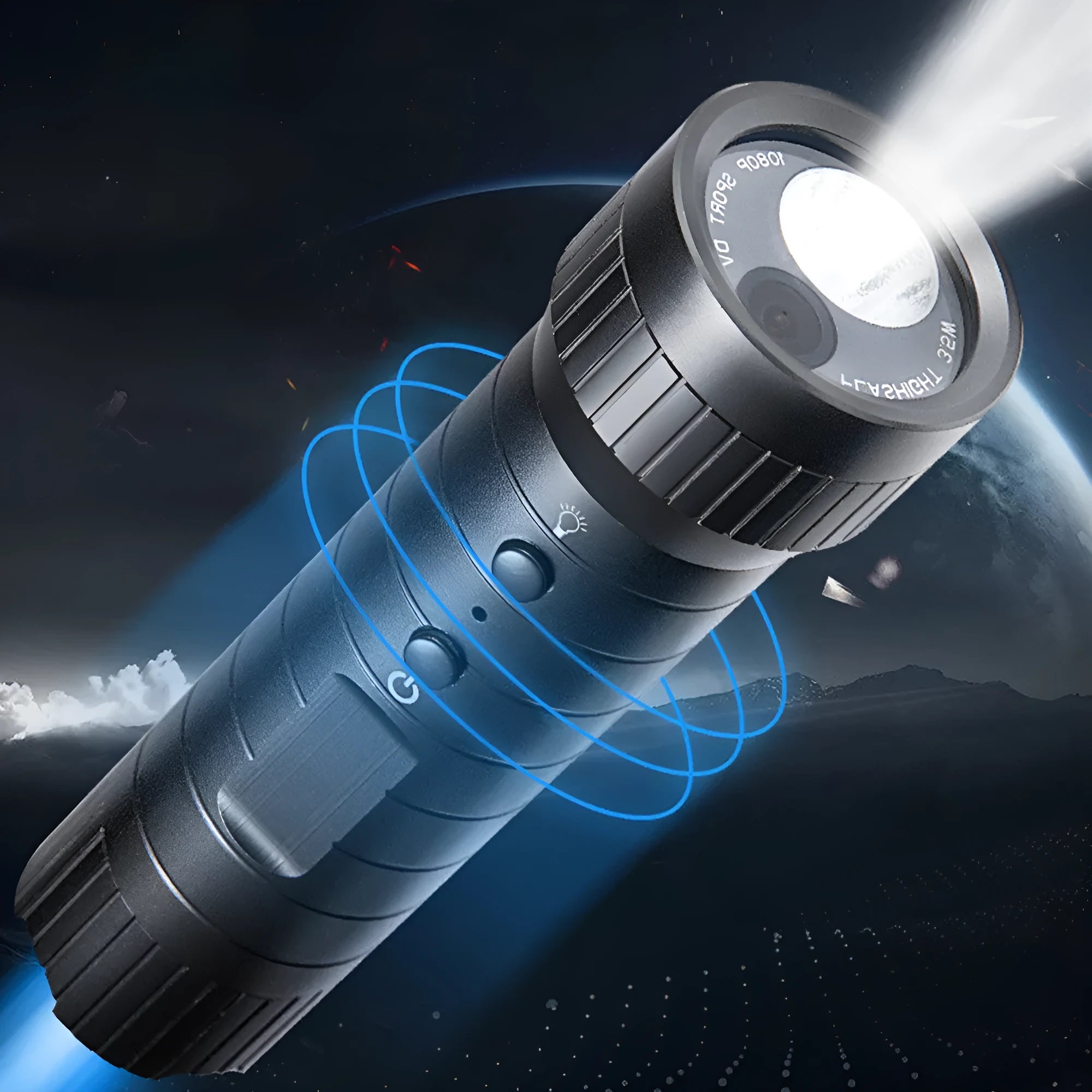 DV3000 flashlight sports camera with black metal body, 120 degree wide angle lens, and 2200mAh battery