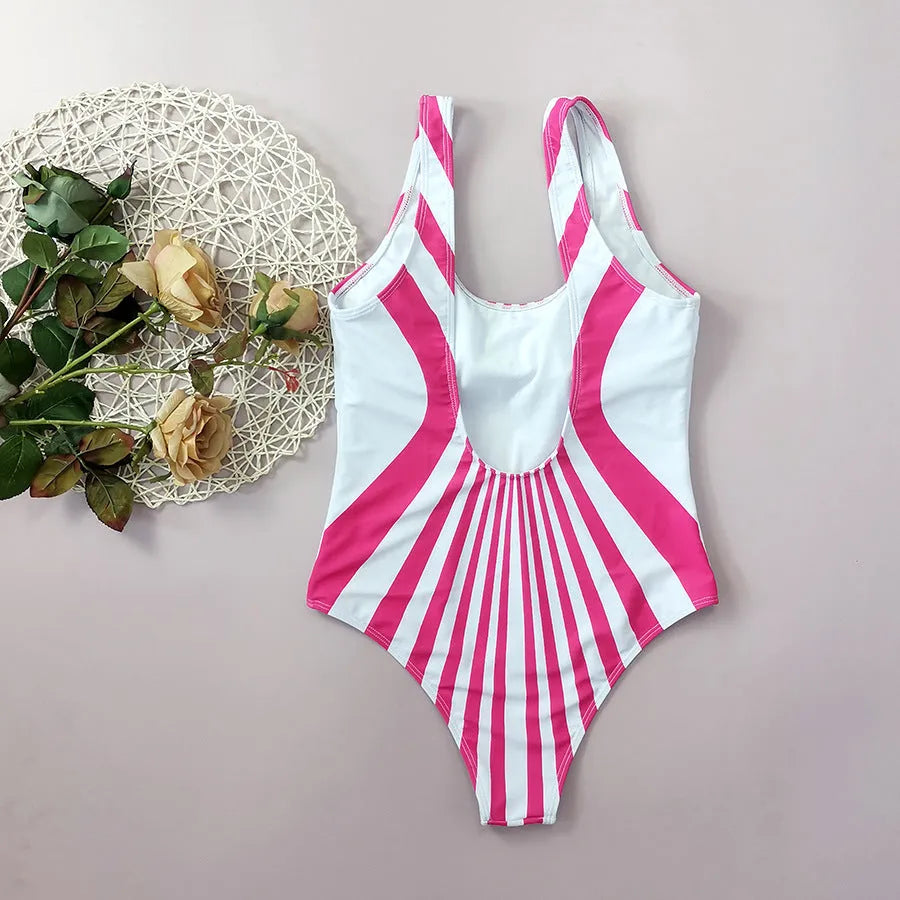 Pink striped one-piece swimsuit for women on a mannequin, showing front and rear digital print detail.