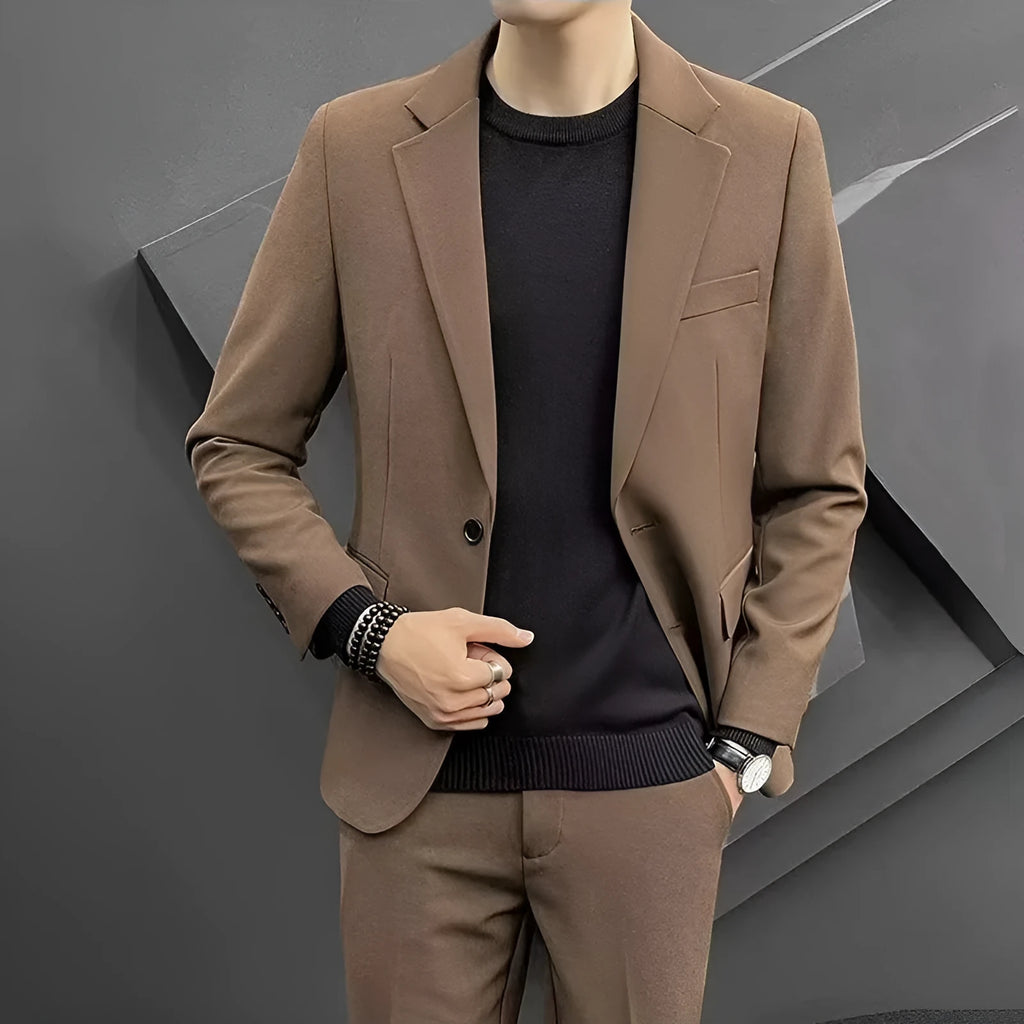Korean slim business suit set with long-sleeve coat and trousers in black, slim fit polyester