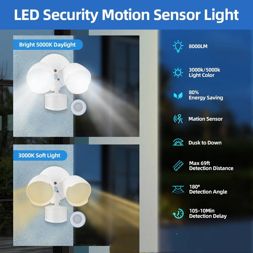 White 120V LED security floodlight with PIR sensor, dimensions 200x195x168mm, for wall or ceiling mounting.