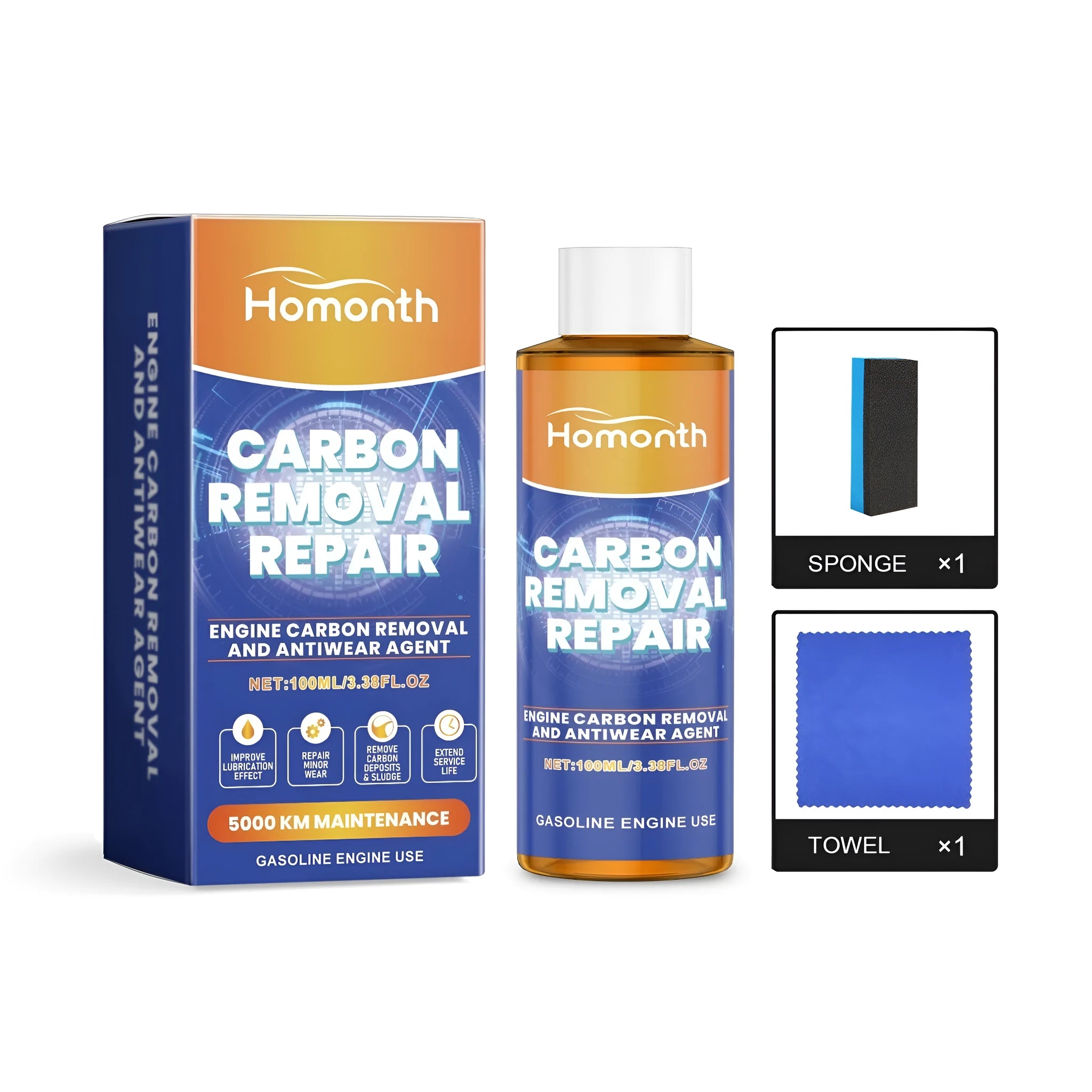 HOMONTH engine decarbonization additive 100ml bottle with sponge and towel on a workbench