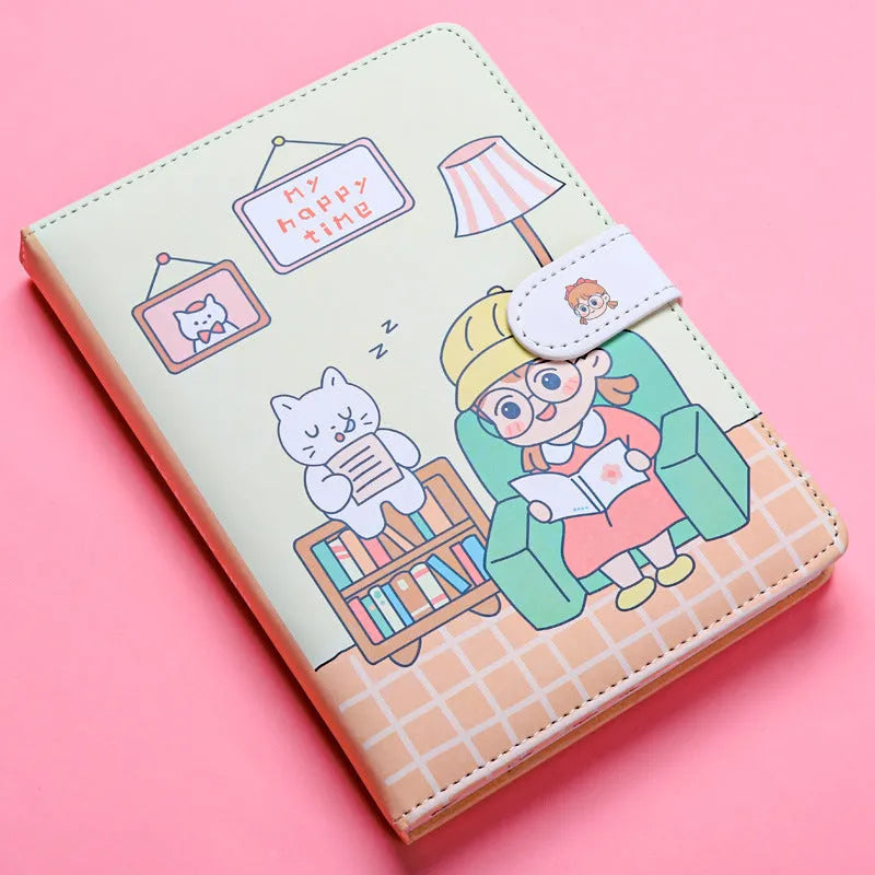Small white Kaba Bear notebook with magnetic buckle and cute heart design on PU cover.