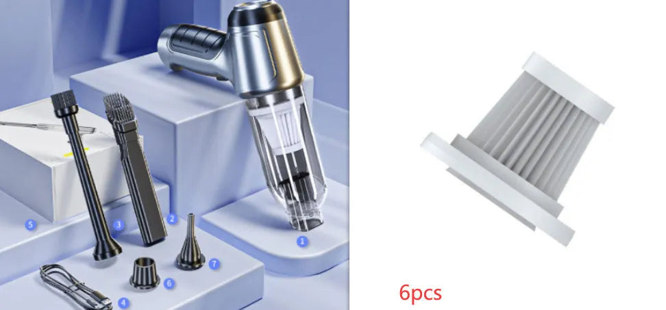 Handheld brushless motor car vacuum cleaner with flat and long suction nozzles and charging cable.