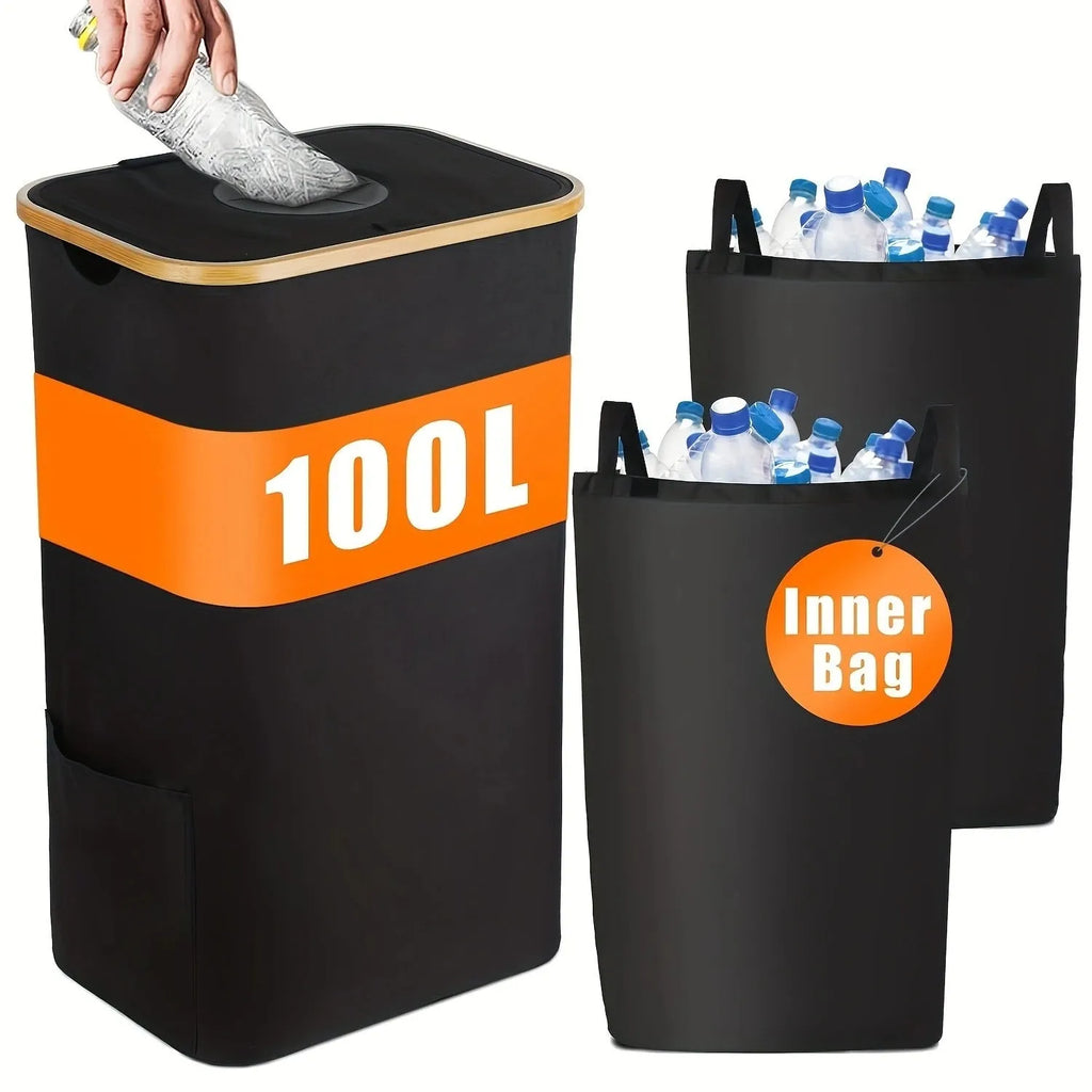 Black bamboo pattern fabric storage basket with removable lid, ventilation holes, and dual inner pockets