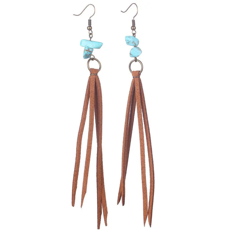 Retro long turquoise leather tassel earrings with geometric shape for women