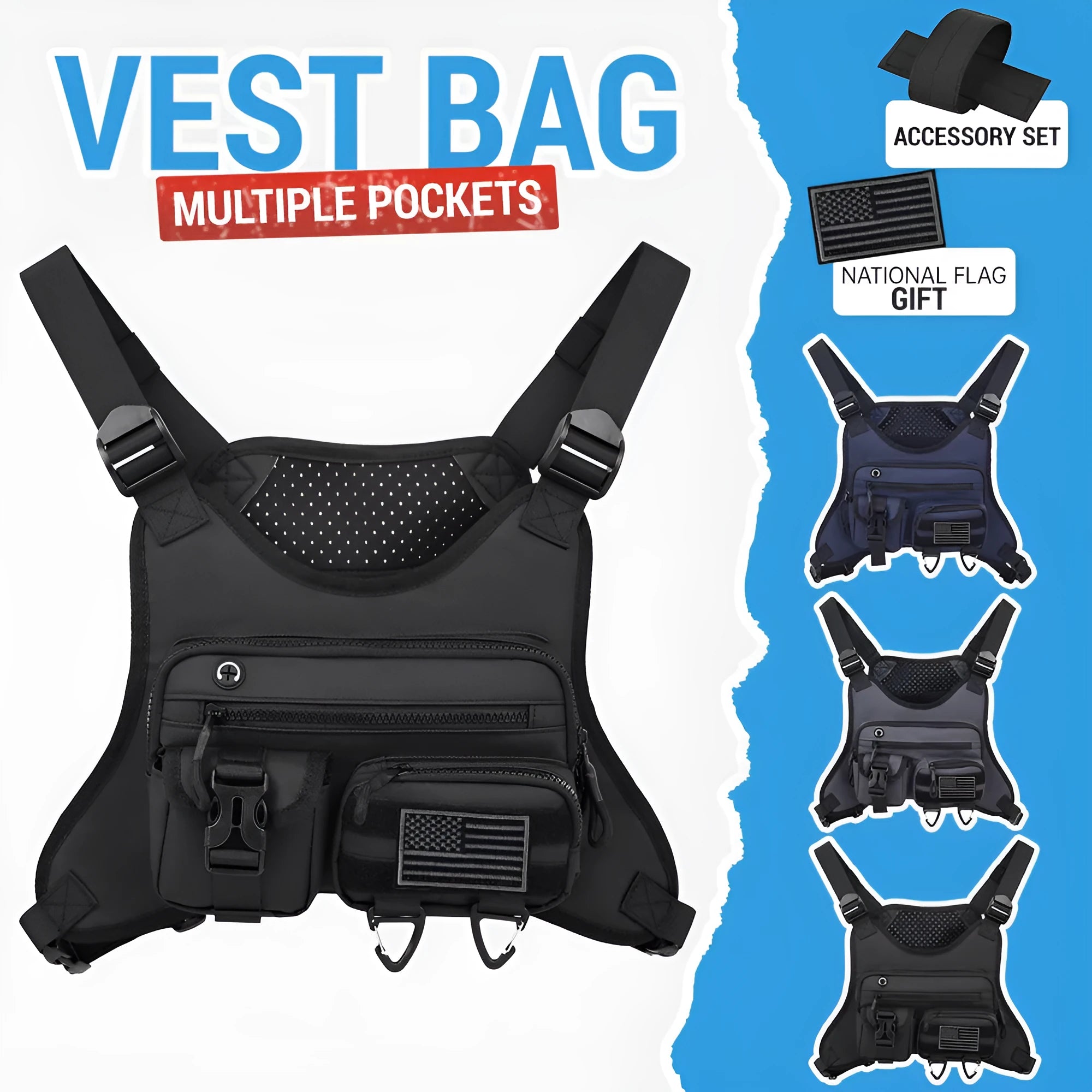 Men's outdoor chest bag in Oxford cloth with breathable vest design, available in black, blue, or grey