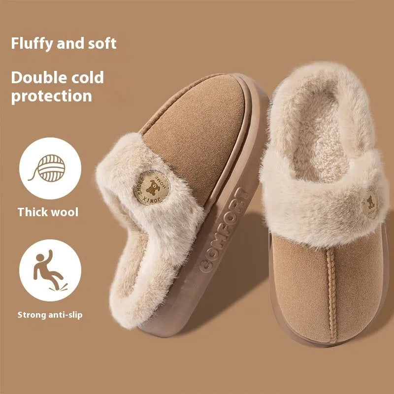 Pair of thick-soled plush fleece slippers for indoor winter wear, shown in a selected colour.