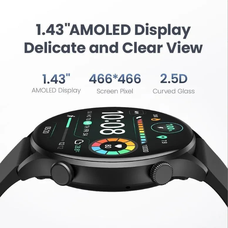 Black Bluetooth smartwatch with AMOLED display showing heart rate and blood oxygen metrics