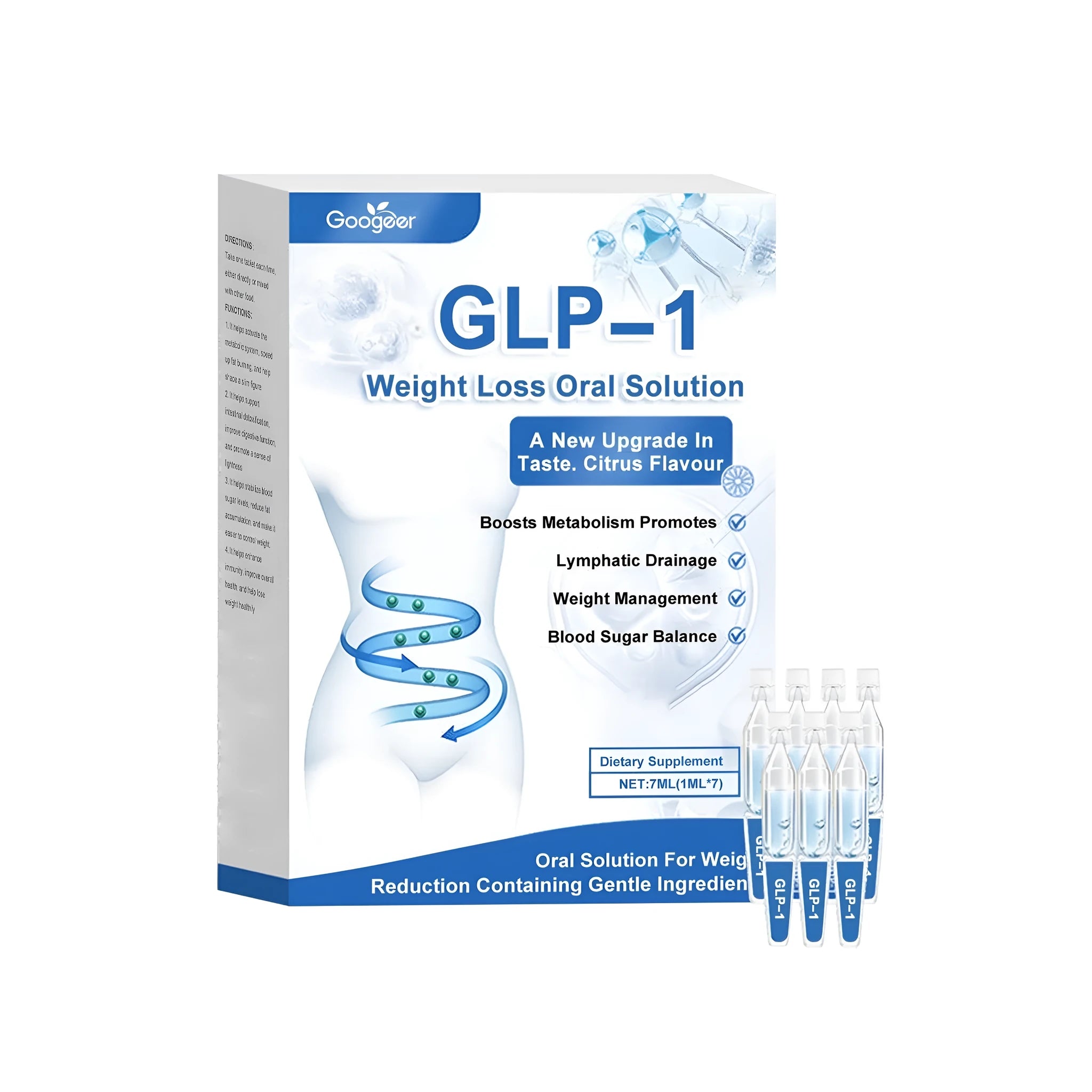 7ml bottle of GLP-1 weight loss oral solution drops with green tea extract, moringa seed, and turmeric for dietary supplement use