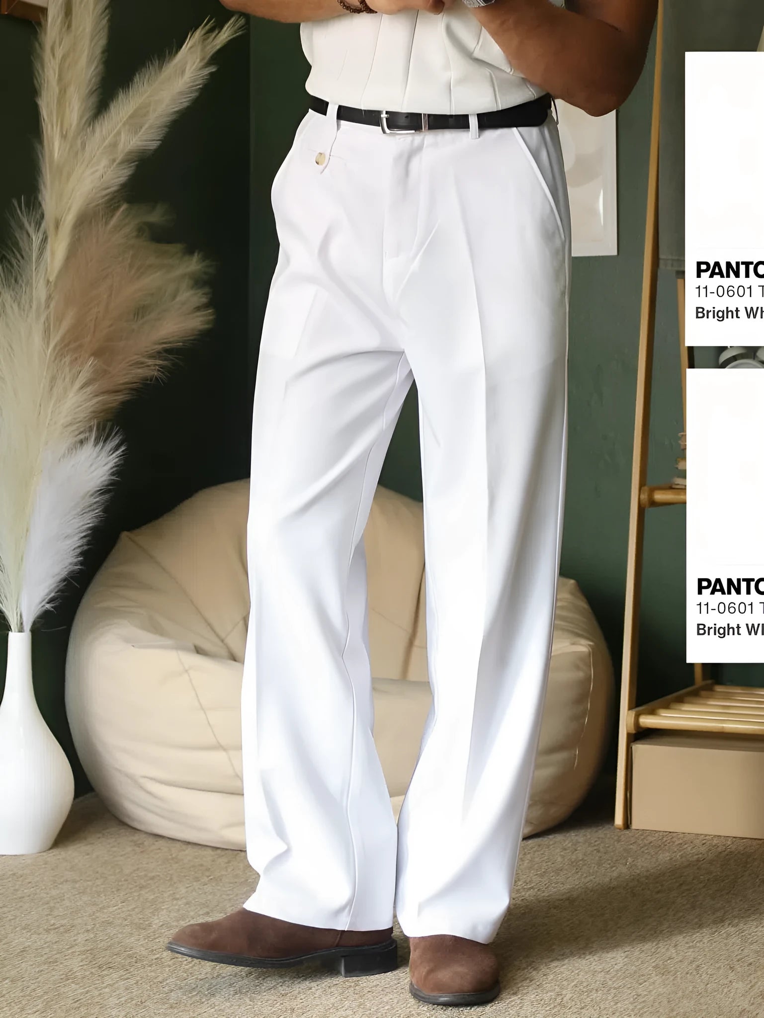 Solid colour high waist pants for women, white polyester full-length trousers regular fit