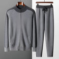 Men's navy blue cashmere blend knitted cardigan suit with half turtleneck zip top and trousers
