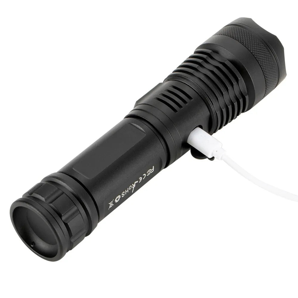 Black aluminium alloy LED flashlight with zoom lens on plain background