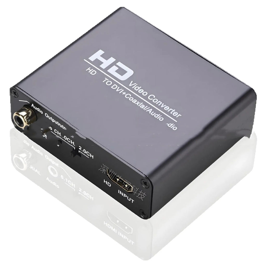 Black HDMI to DVI video converter unit with coaxial audio port, power supply, and a 1.5 metre cable.
