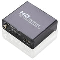 Black HDMI to DVI video converter unit with coaxial audio port, power supply, and a 1.5 metre cable.
