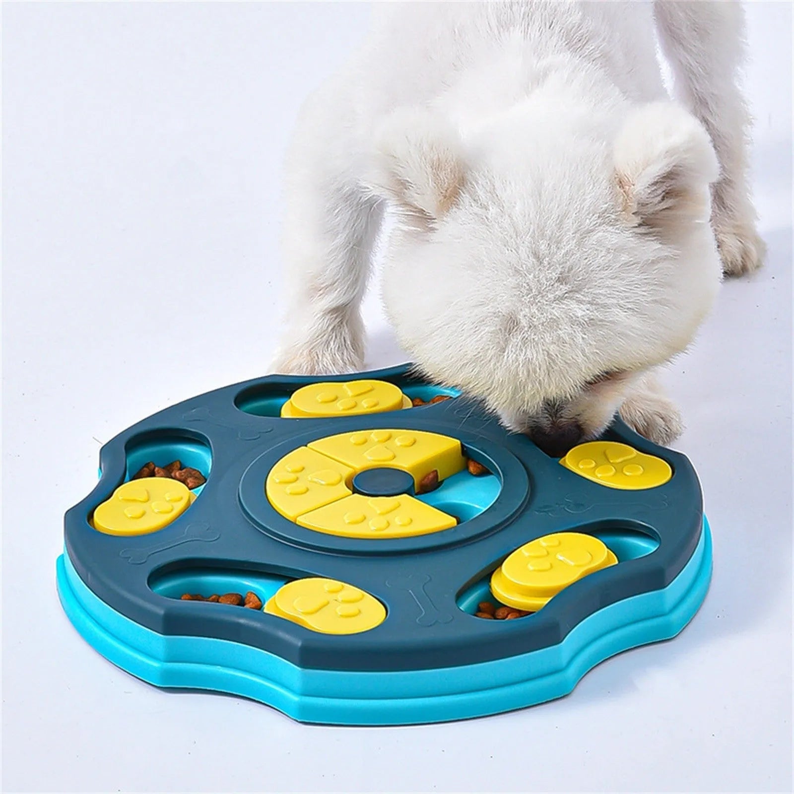 Blue dog puzzle feeder toy with interactive compartments for food dispensing during play
