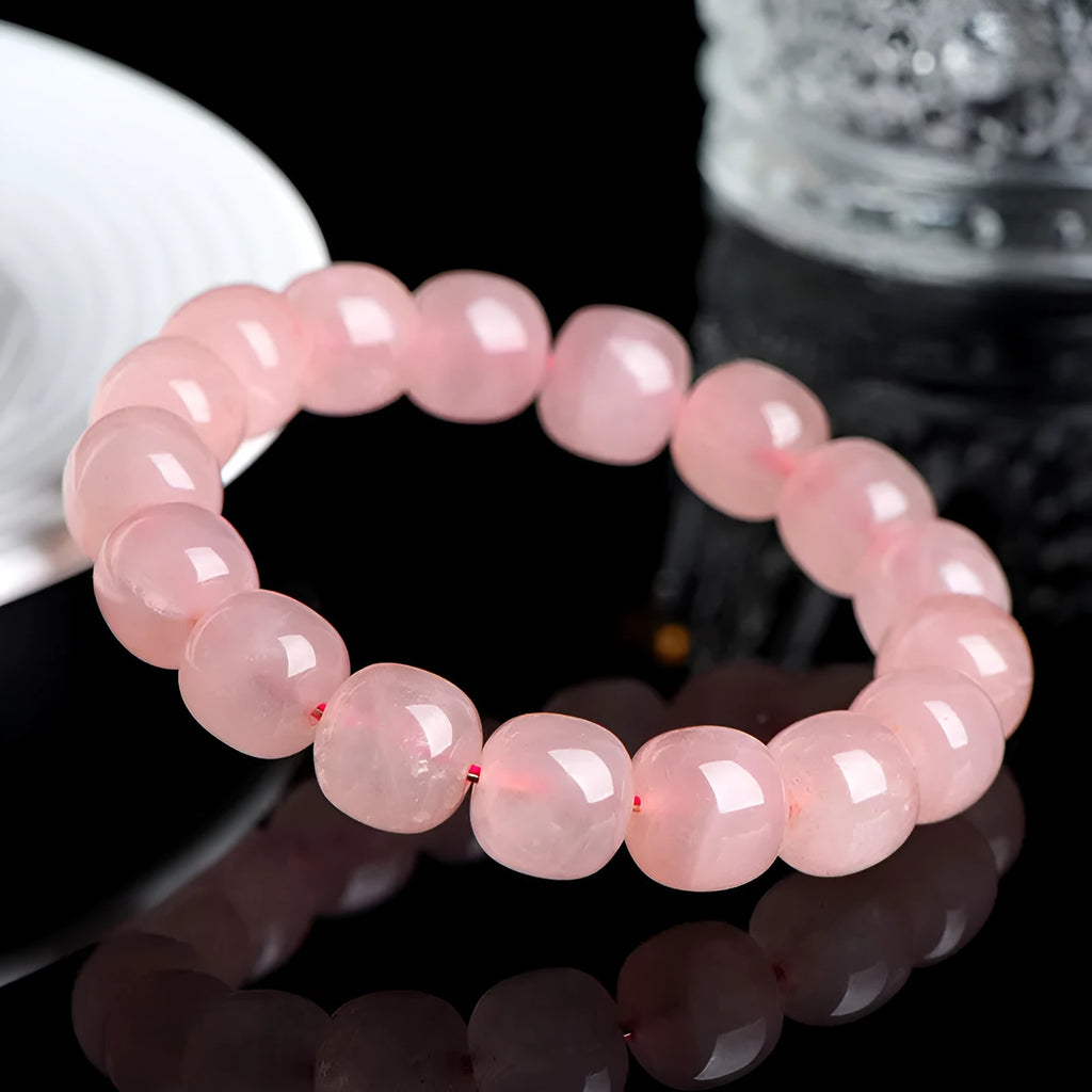 Natural pink crystal barrel bead bracelet geometric design 8x10mm