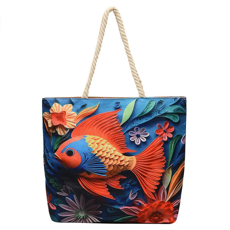 A soft cotton and linen string shoulder handbag with two straps and an open outer pocket.