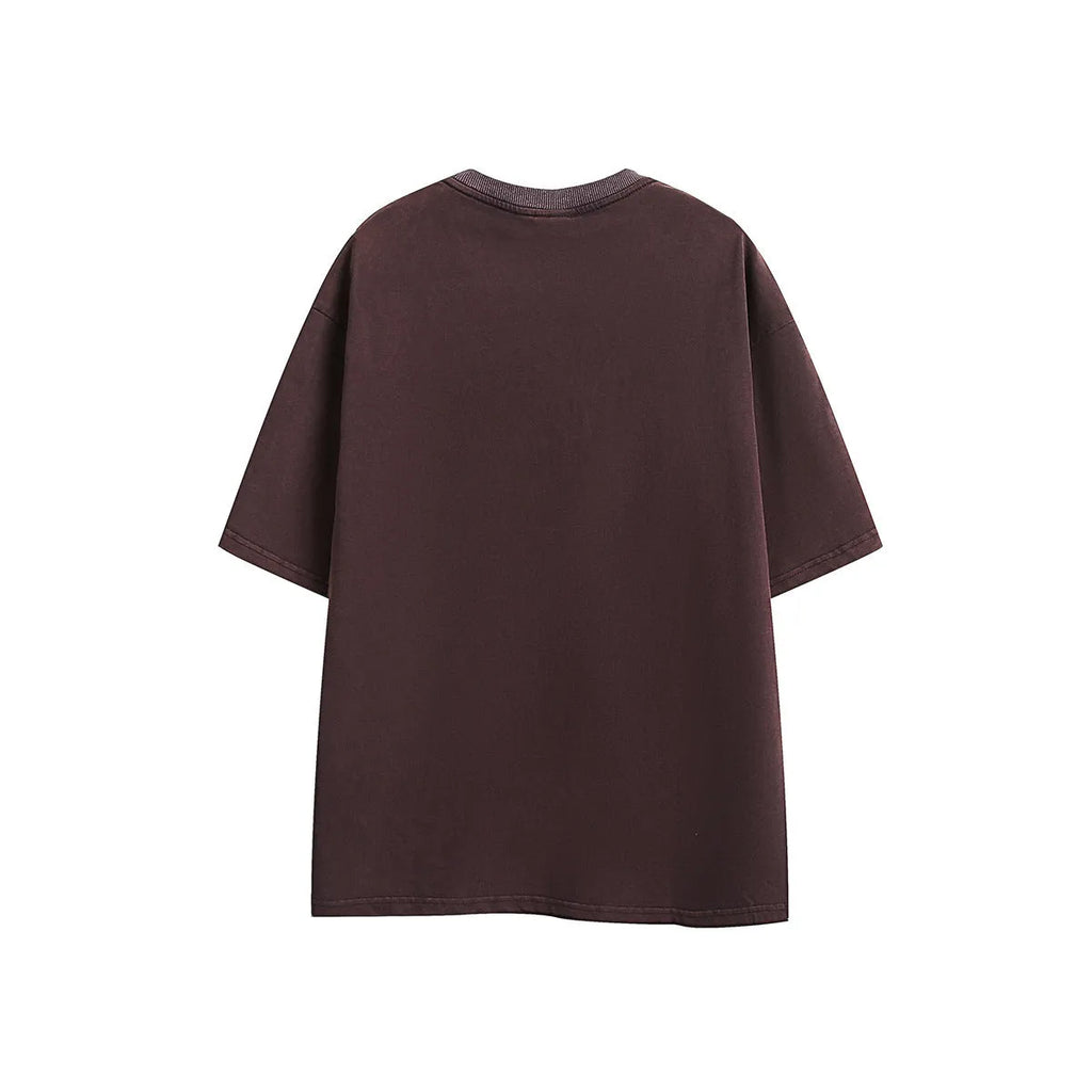 Retro loose fit short-sleeved t-shirt in black or purple with embroidered washed texture