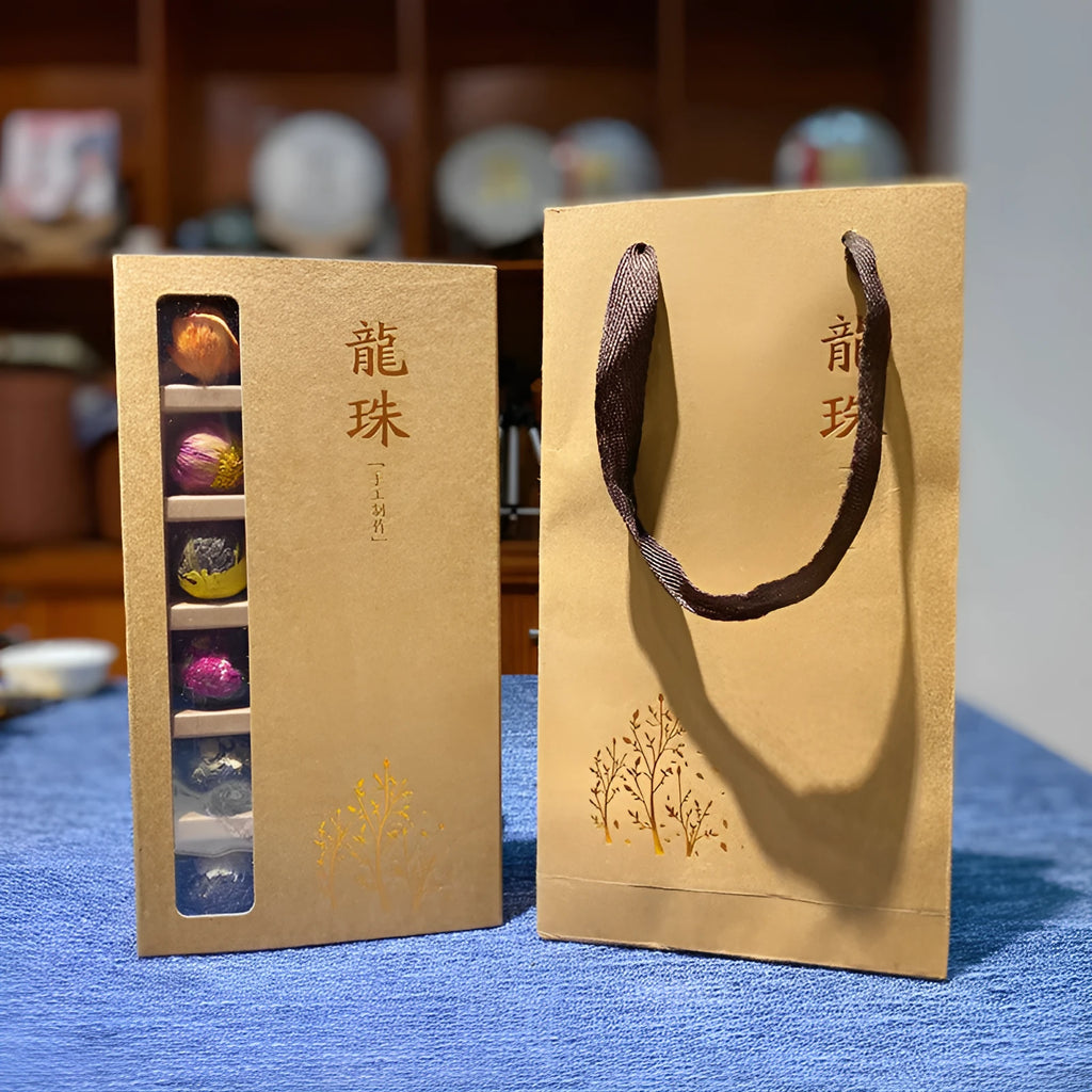 Gift box of six flavor flower tea with 18 tablets including jasmine, lily, peony, yellow chrysanthemum, rose, and chrysanthemum