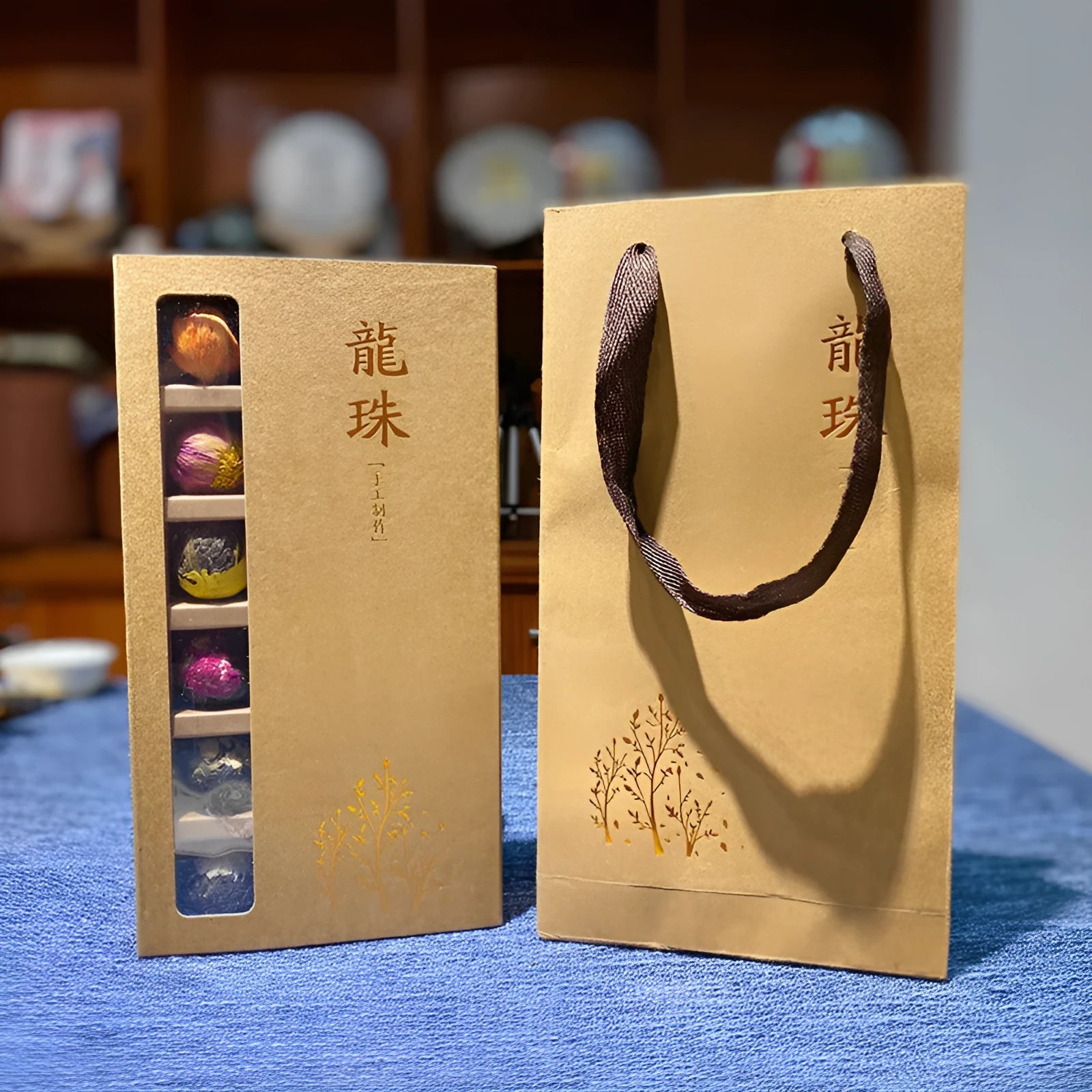 Gift box of six flavor flower tea with 18 tablets including jasmine, lily, peony, yellow chrysanthemum, rose, and chrysanthemum