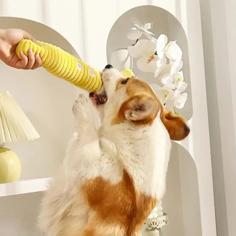 Yellow palm-shaped squeaky plush dog teething toy with bite-resistant fabric, soft texture, and compact size for puppy chewing play