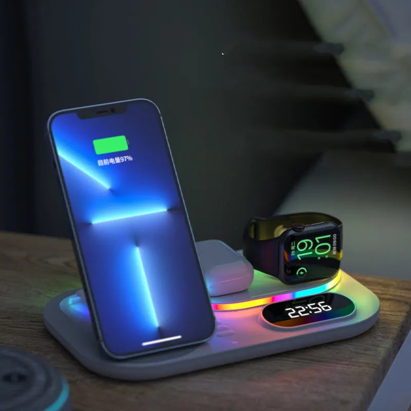 Magnetic four-in-one wireless charging power bank with watch support in black finish