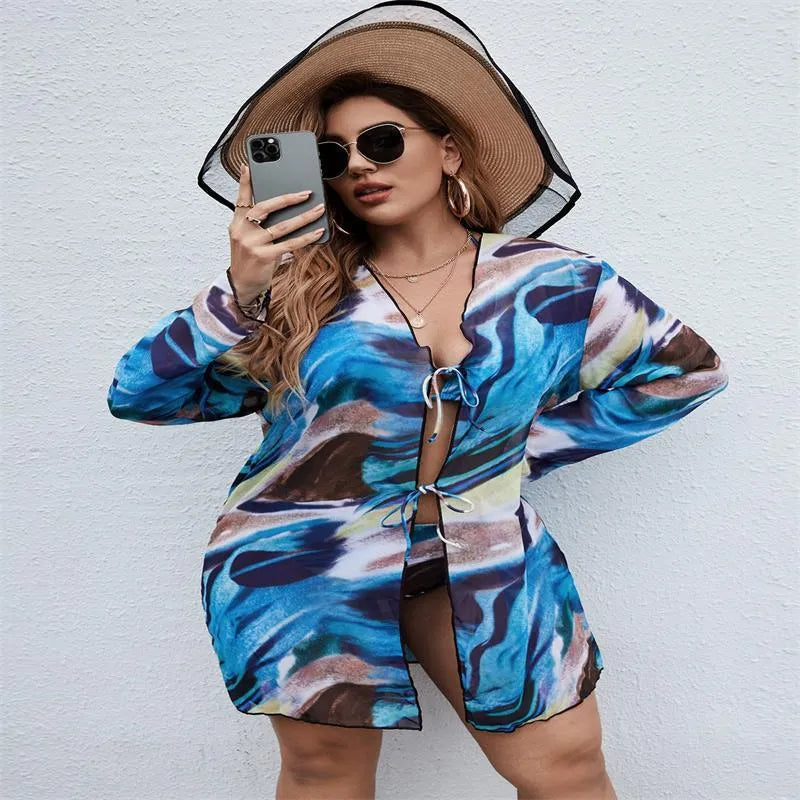 Sapphire blue women's bikini three-piece set on a hanger.