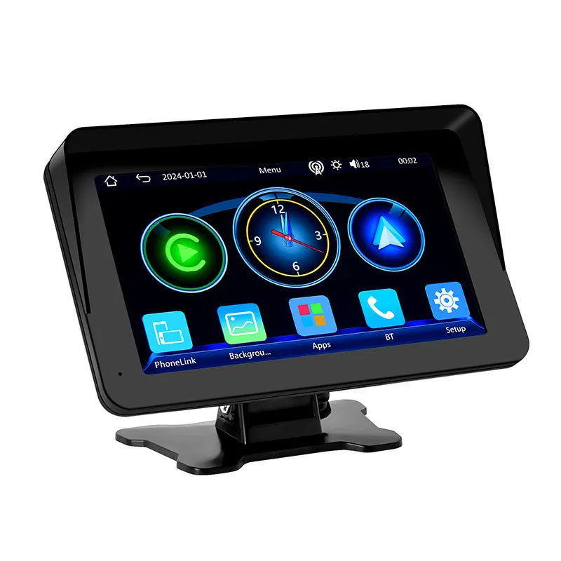 7-inch portable car MP5 player with wireless CarPlay, suction cup mount, and standard fisheye reversing camera