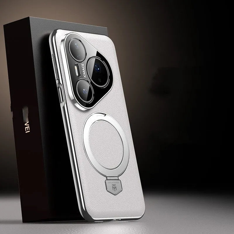 Magnetic rotating bracket phone case for Huawei Pura70 with frosted feilin finish in Camlet White