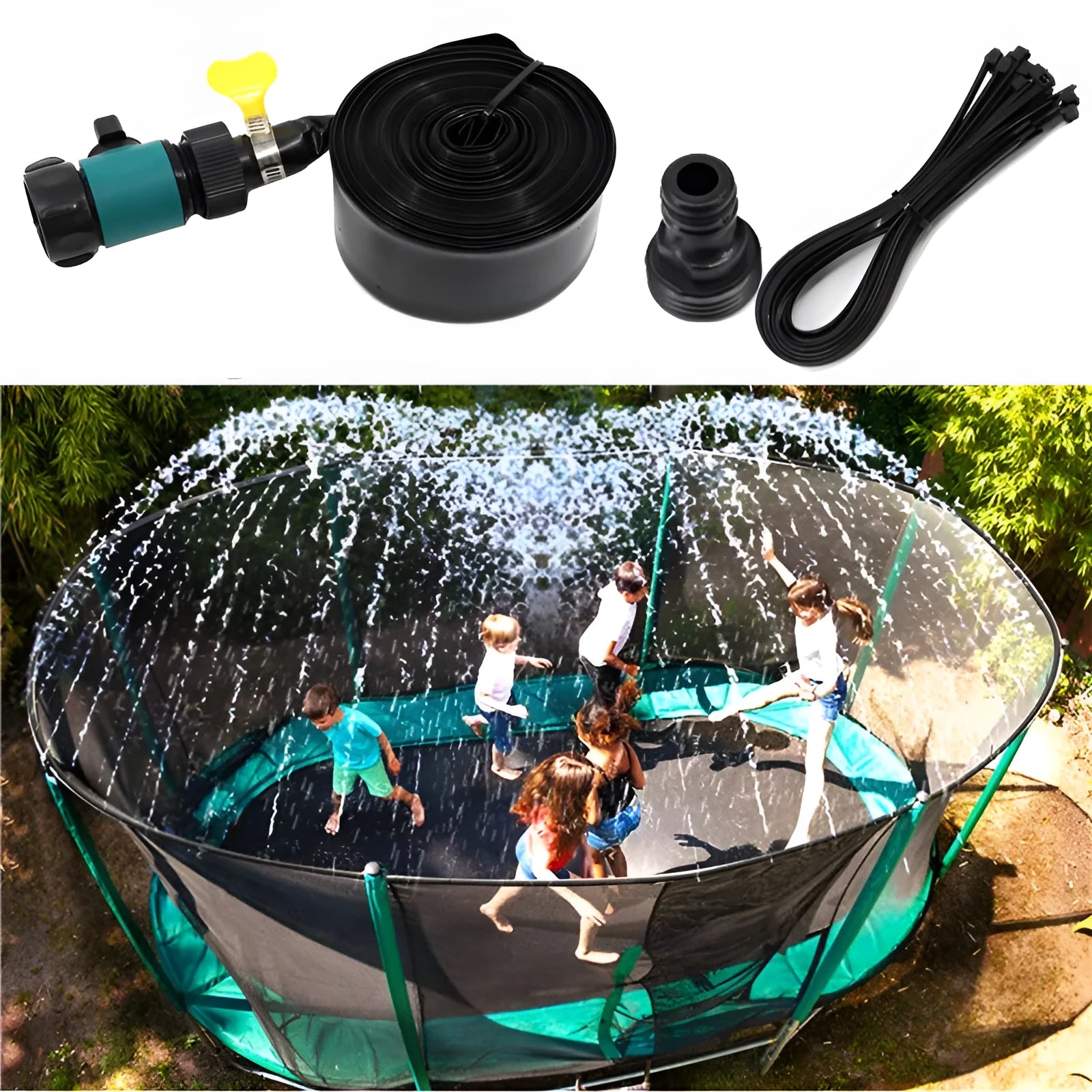 Blue portable garden sprinkler with solar panel and PVC hose on grass