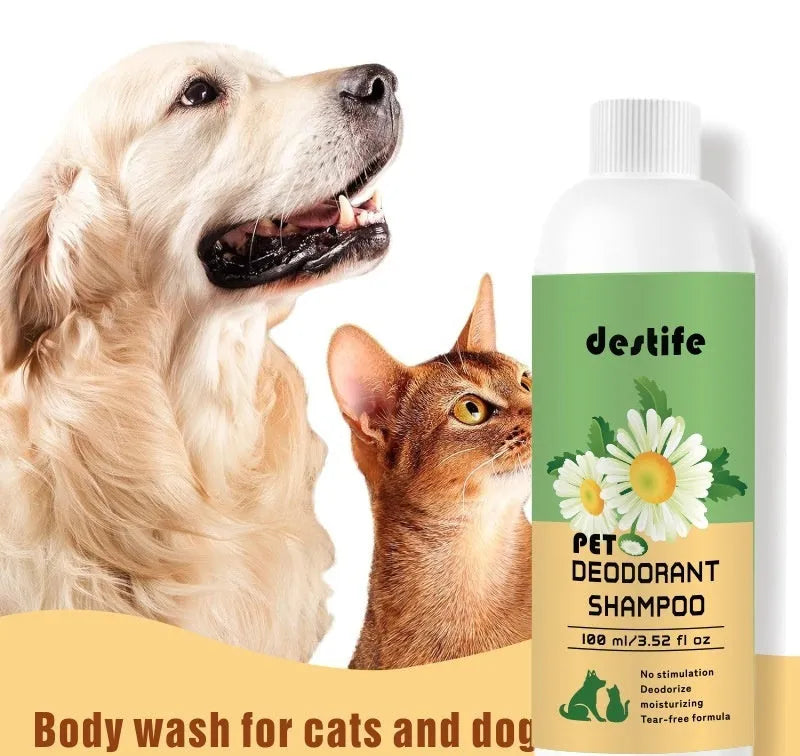 100ml bottle of pet shampoo and conditioner for dogs and cats with fragrance deodorant properties