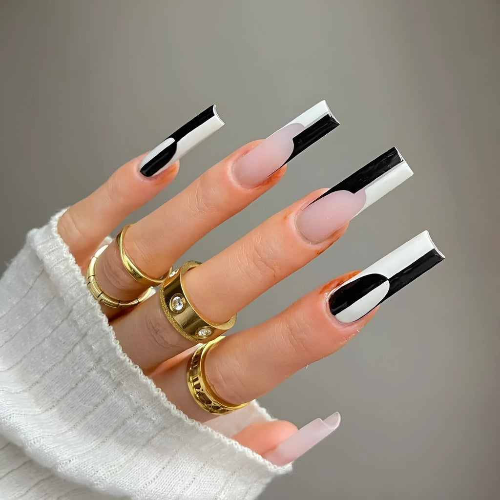 Simple black and white long removable nail tips 24 pieces colour JP1199