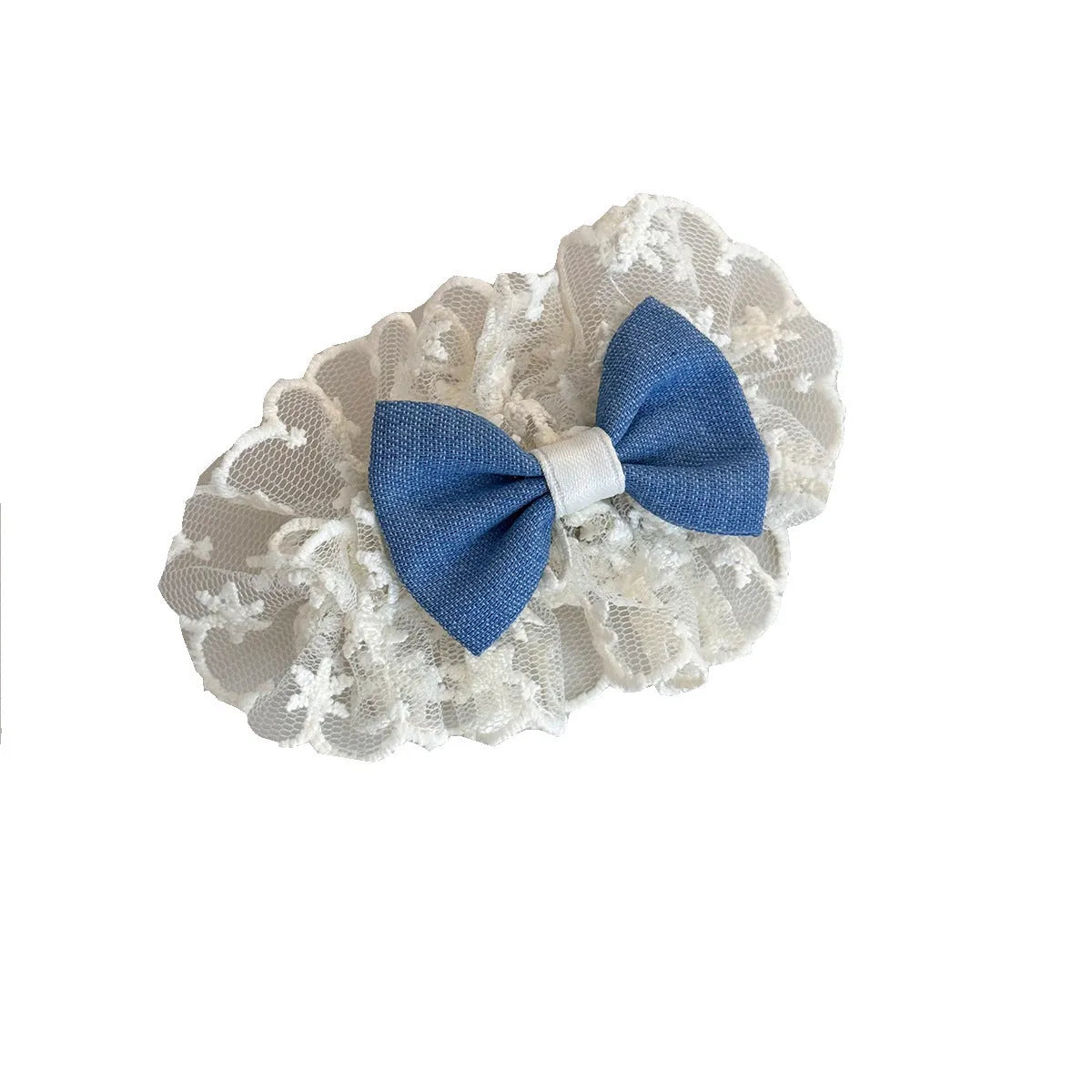 Handmade pastoral style cloth hair barrette with lace and bow decoration on a plastic hairpin.