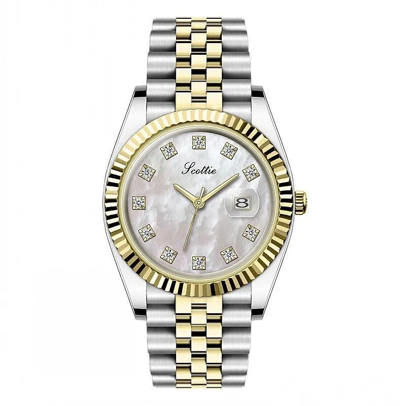 Women's casual quartz watch with solid steel belt, gold case, and white dial with calendar display