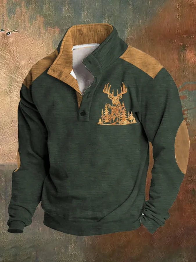 Teenager wearing a loose-fit long-sleeved sweater with a 3D digital print design and four buttons on the front.