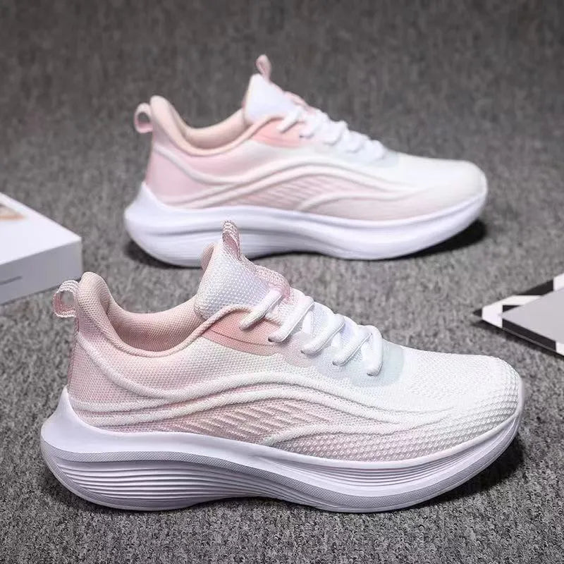 Lightweight mesh running shoes with PVC non-slip sole, front lace-up, sizes 36-40, in white green, light pink, or purple.