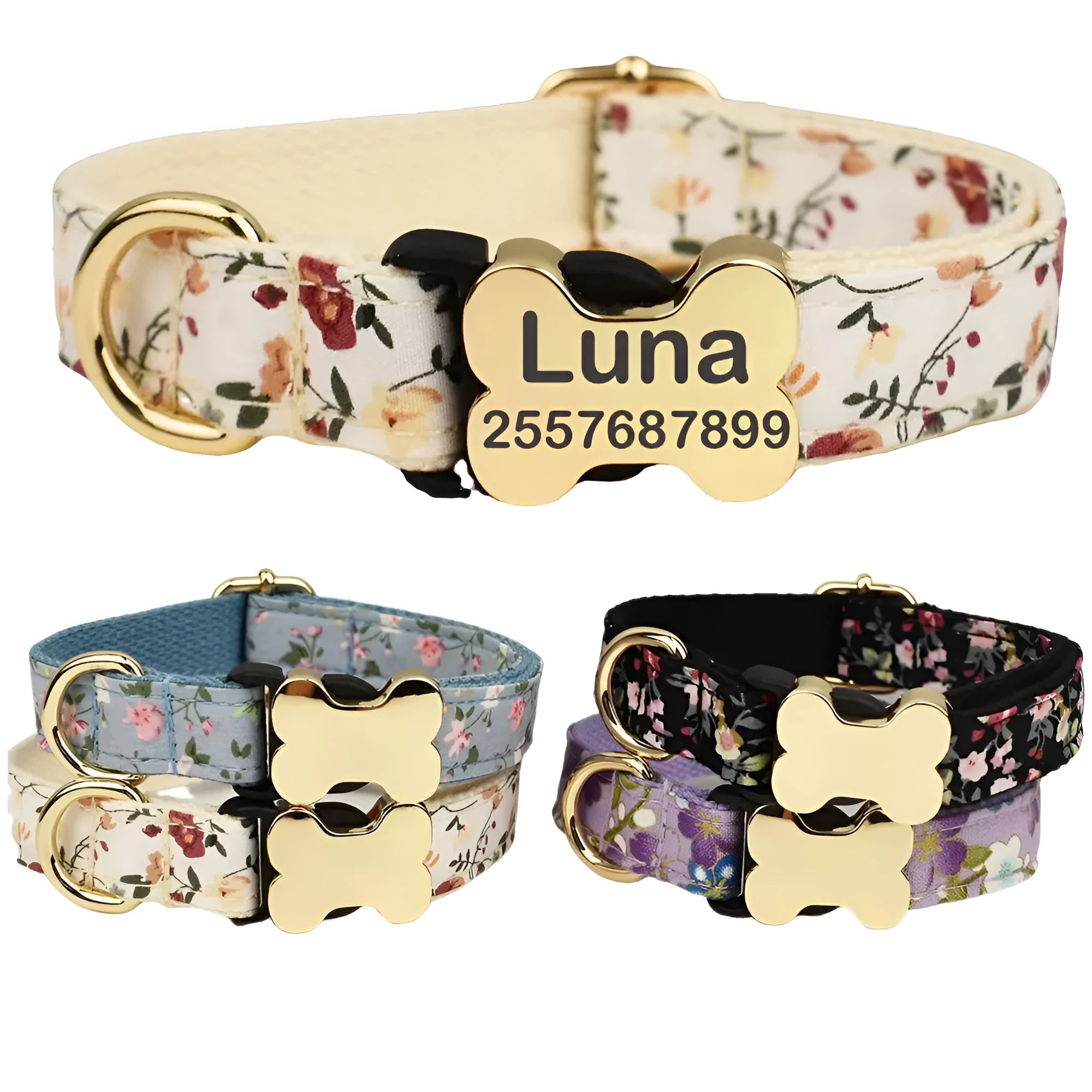 Flat nylon dog collar with printed grid pattern and a bone-shaped buckle in assorted colours.