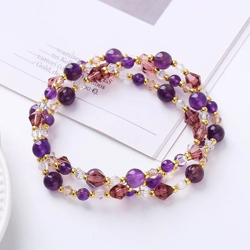 Handmade adjustable three-ring crystal bracelet for women in tourmaline, strawberry quartz or amethyst.