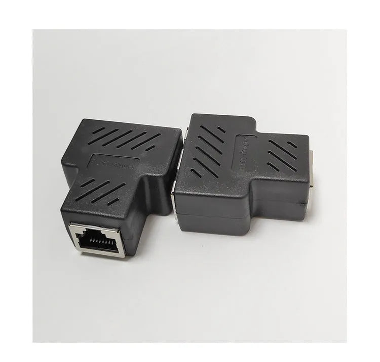 RJ45 network tee splitter adapter in multiple colours showing three-way connector design