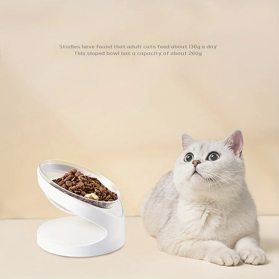 White elevated tilted cat food bowl for neck protection and anti-vomit feeding